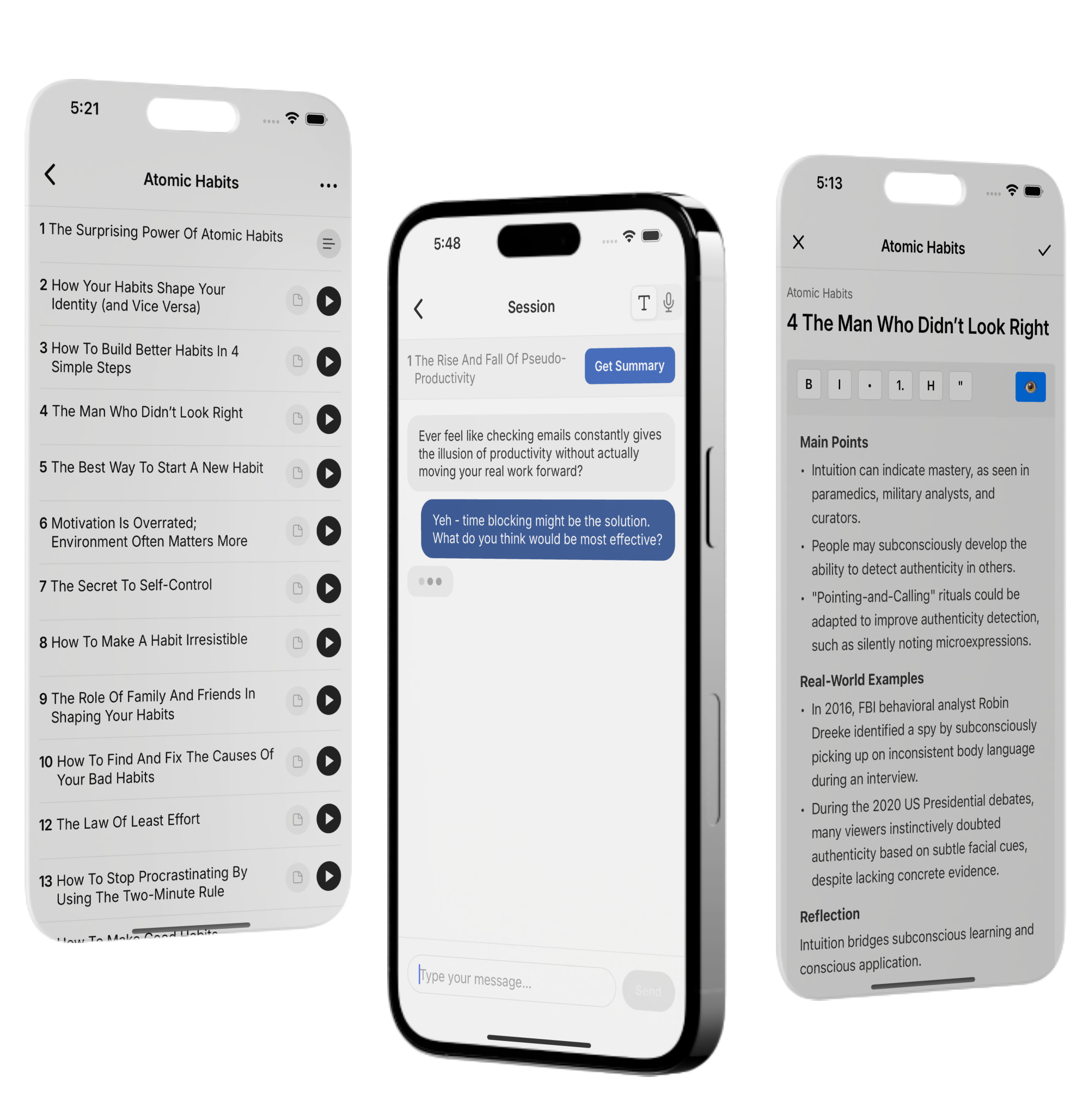 Chapters app interface showing chapter discussion features, note integration, and AI-powered summaries across multiple mobile screens